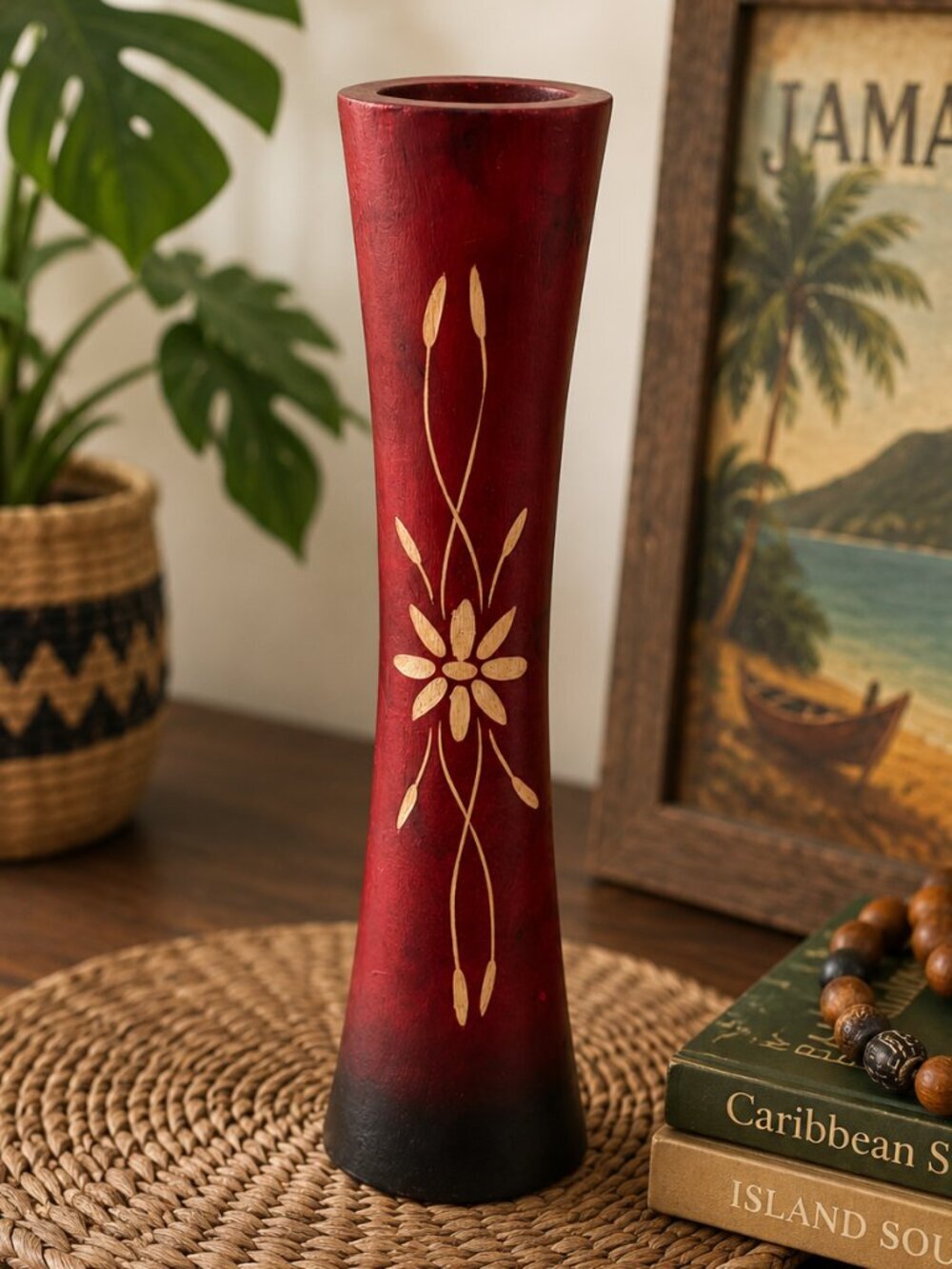 Vintage Jamaican Hand Carved Wooden Vase Red Floral Folk Art 12" Tall Souvenir